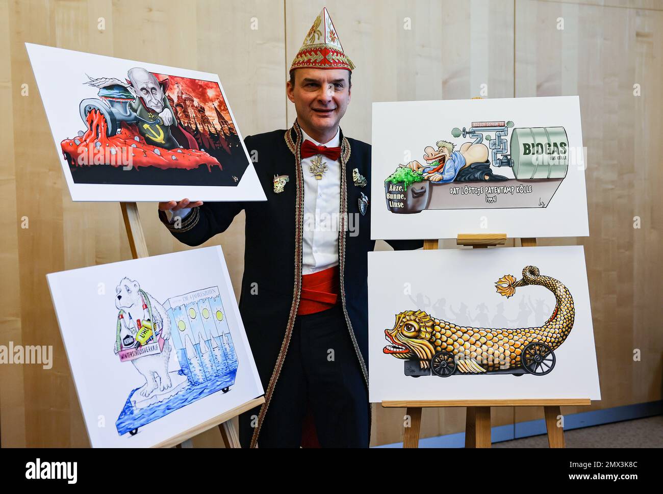 Cologne, Germany. 02nd Feb, 2023. Holger Kirsch, procession manager, presents designs for the motif floats of the Shrove Monday procession. The 200th Cologne Shrove Monday parade will take place on February 20, 2023. Credit: Oliver Berg/dpa/Alamy Live News Stock Photo