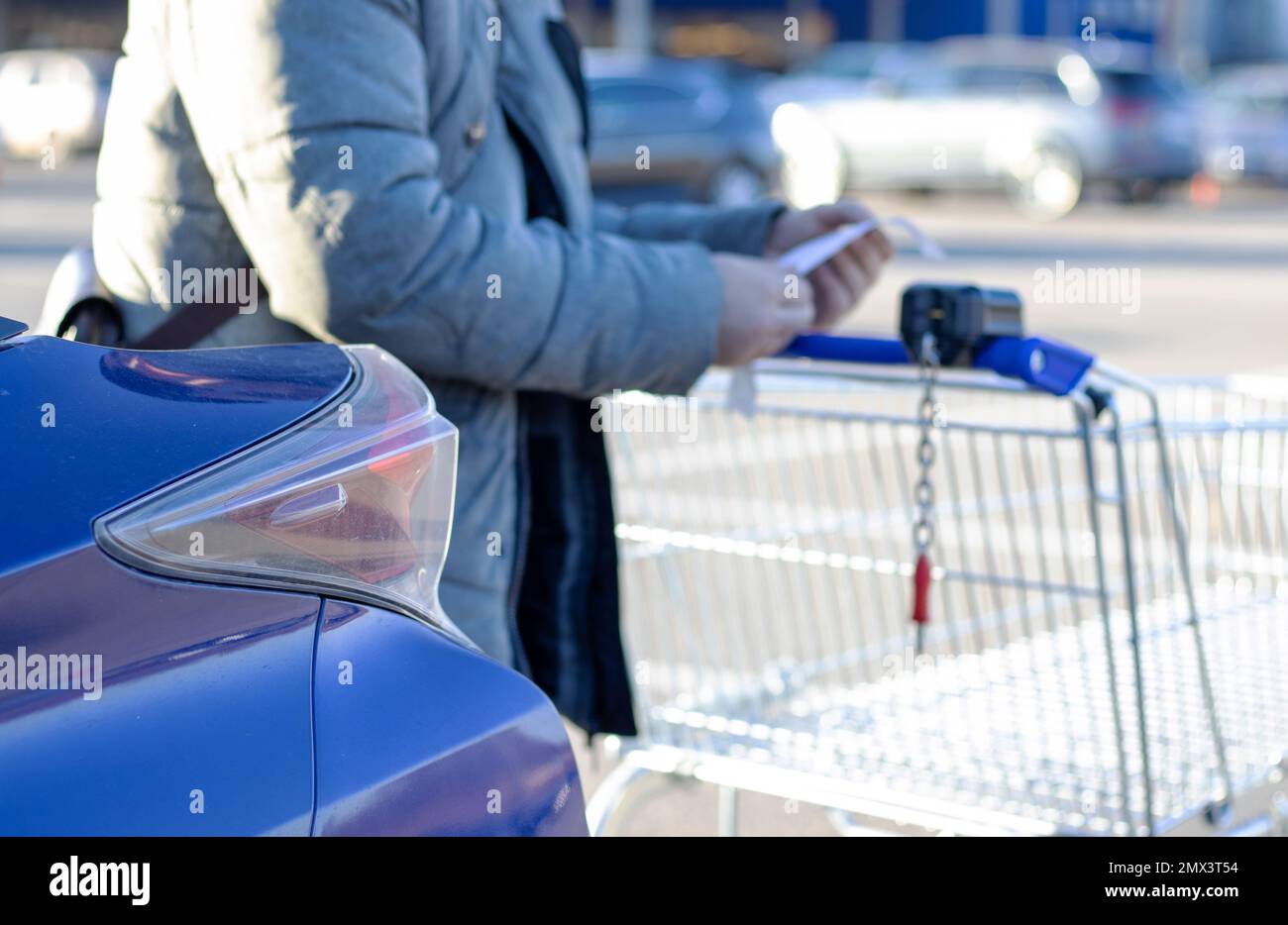 many trolley shopping cart with coin lock anti theft system Stock Photo