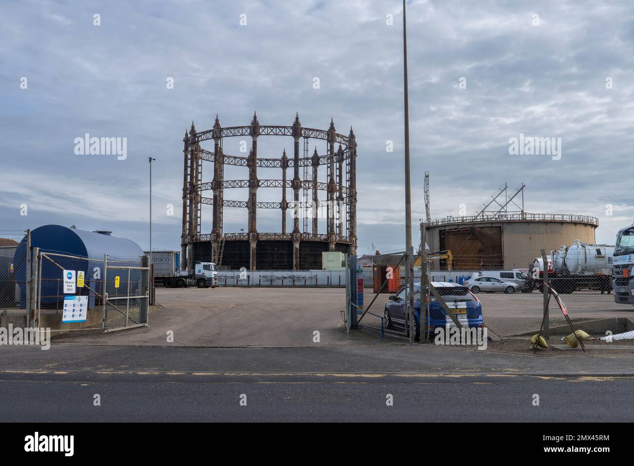 A view of the redundant gas holder in Great Yarmouth Norfolk Stock