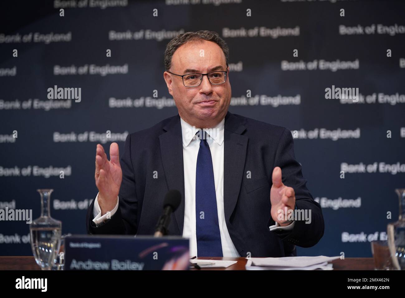 Andrew Bailey, Governor of the Bank of England, during the Bank of England Monetary Policy Report Press Conference, at the Bank of England, London, following the decision to raise interest rates to 4% from 3.5%. Picture date: Thursday February 2, 2023. Stock Photo