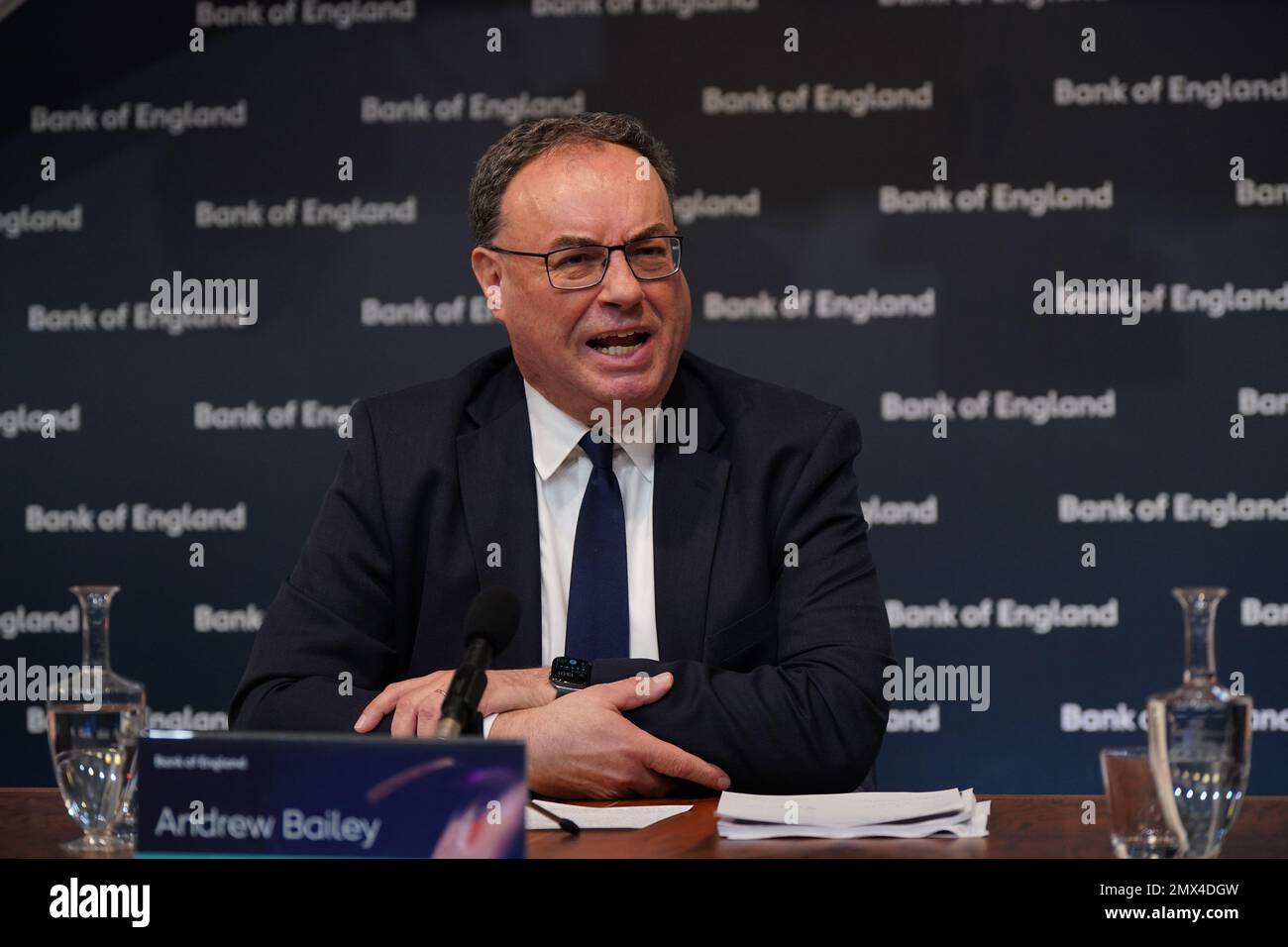 Andrew Bailey, Governor of the Bank of England, during the Bank of England Monetary Policy Report Press Conference, at the Bank of England, London, following the decision to raise interest rates to 4% from 3.5%. Picture date: Thursday February 2, 2023. Stock Photo
