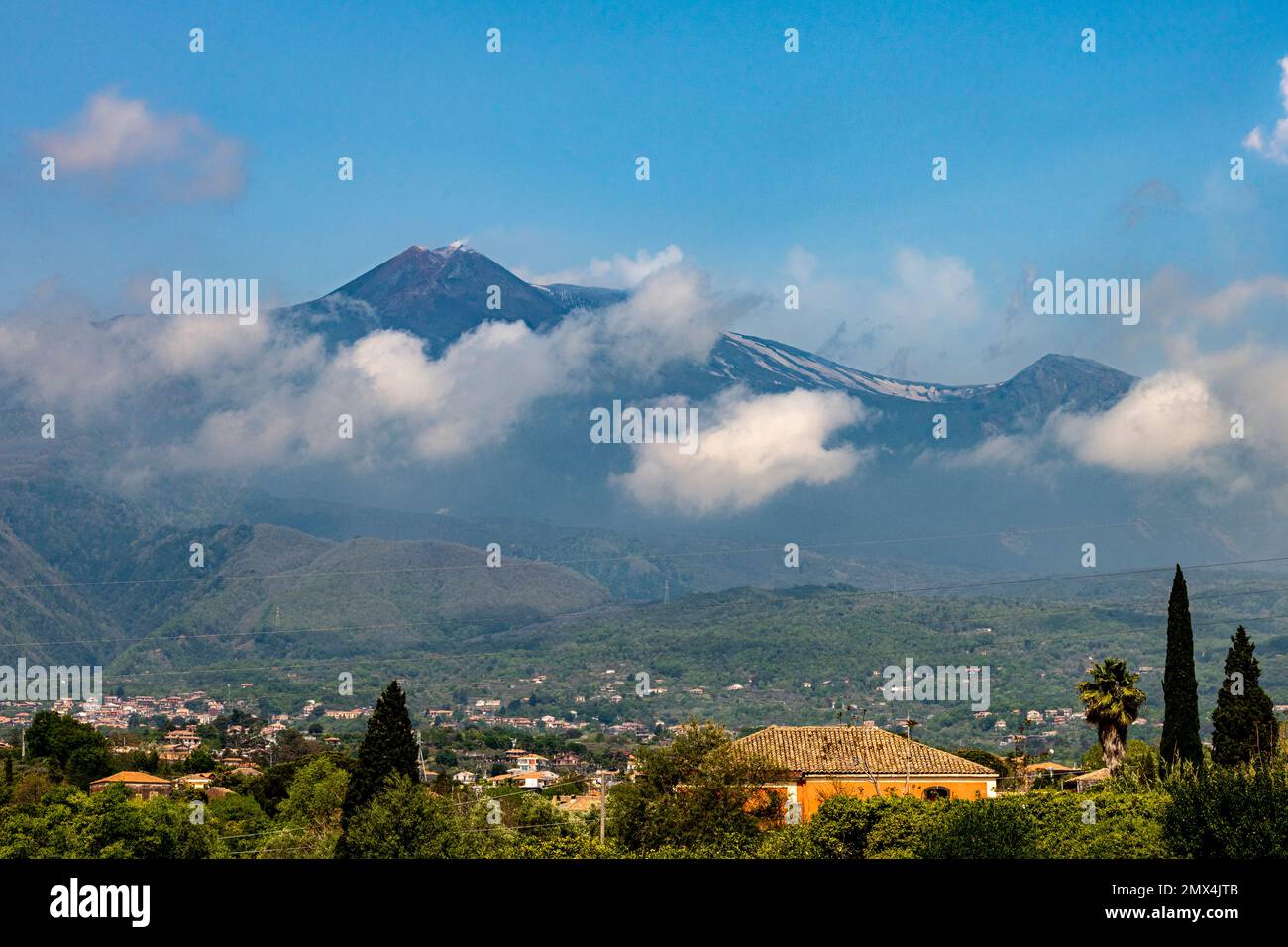 Mount Etna seen from near the town of Giarre on the  east coast of Sicily Stock Photo