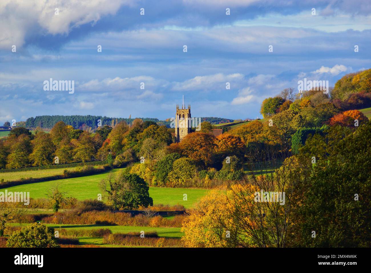 A photograph captured of Greasley Church in Nottinghamshire surrounded by glorious Autumn Scenes. Stock Photo