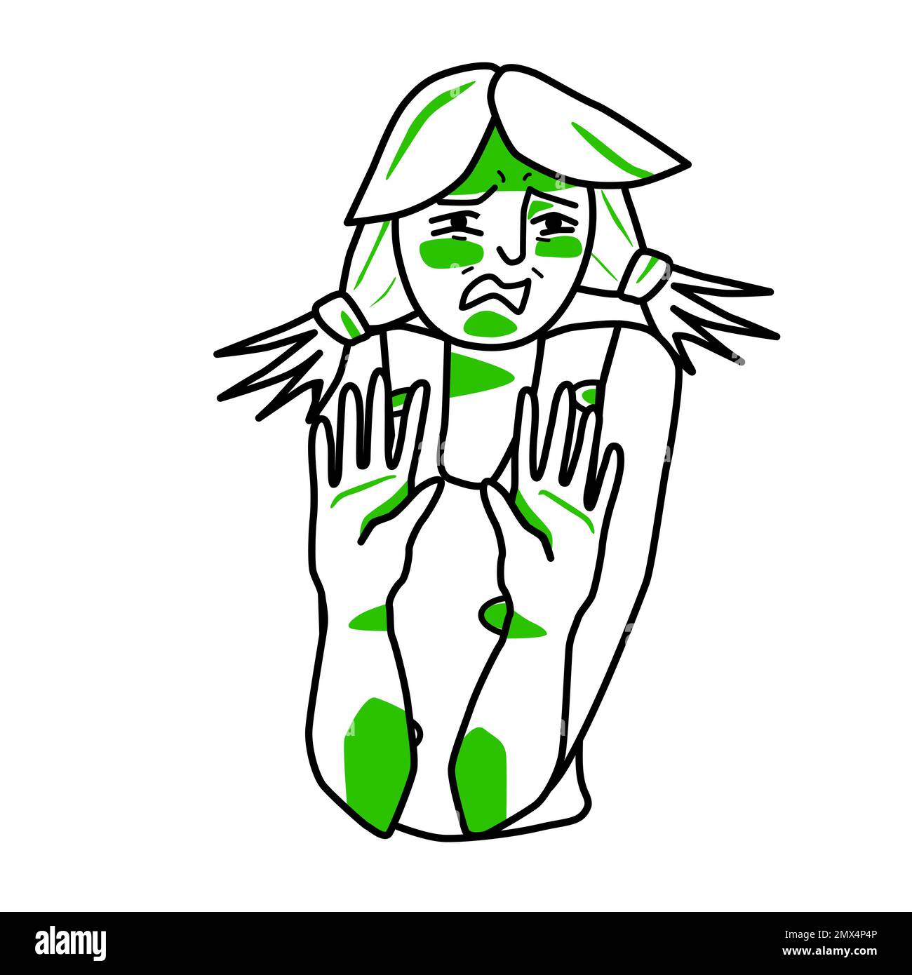 Young girl with emotion of disgust. Disgusted half body teenager with ponytails haircut, negative revulsion mood kid, no with teenager hands. Line wit Stock Vector