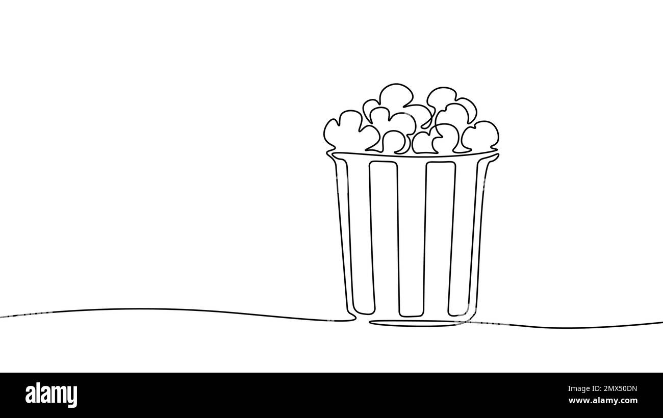 One line continuous cinema popcorn symbol concept. Silhouette of dessert holiday snack corn. Digital white single line sketch drawing vector Stock Vector