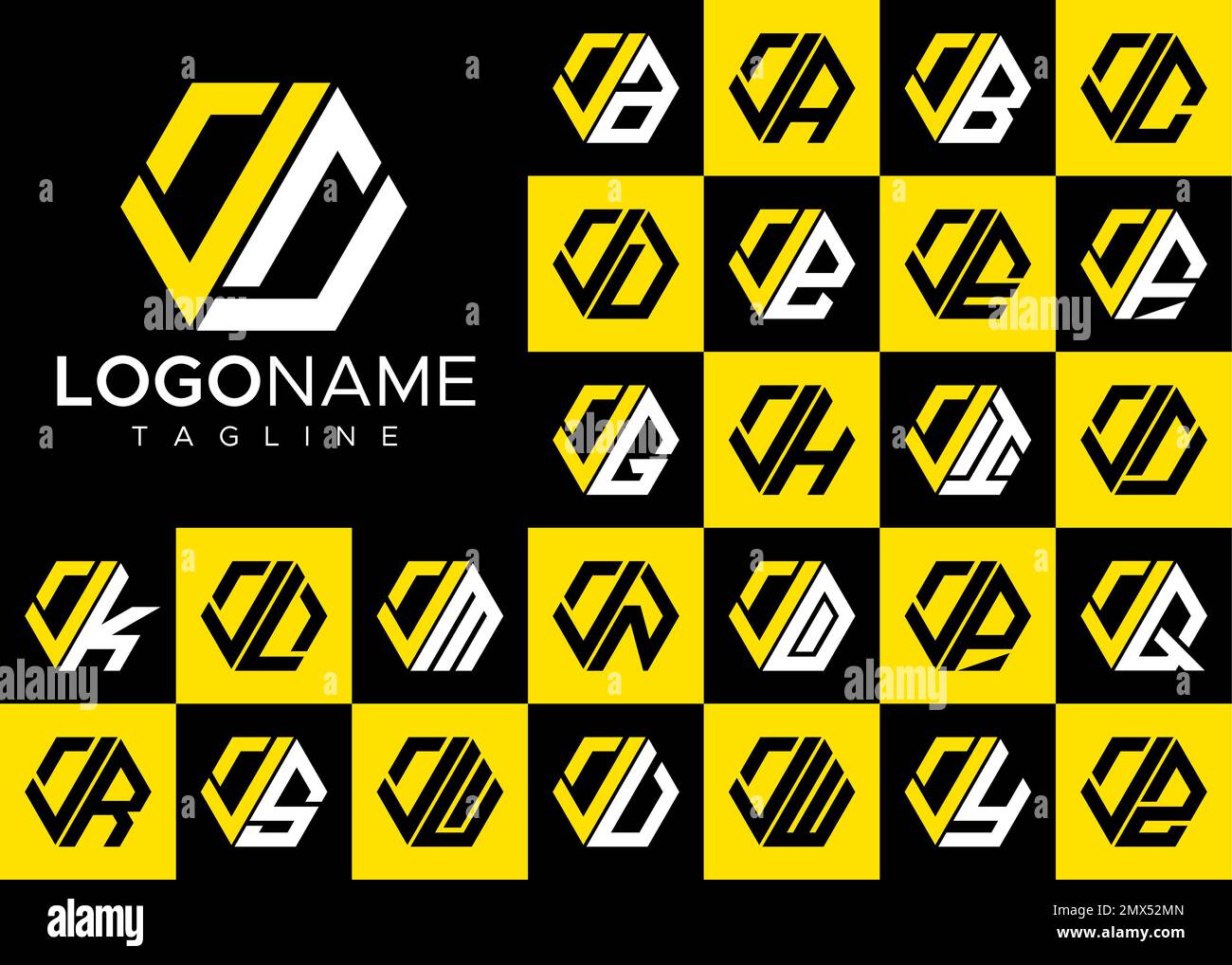 Set of hexagon J letter logo design. Modern letter J logo template bundle. Stock Vector