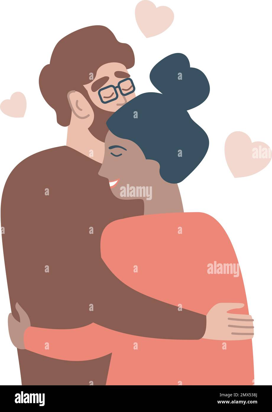 Young loving happy couple boy and girl standing hugging embracing each other feeling in love Flat vector illustration Stock Vector