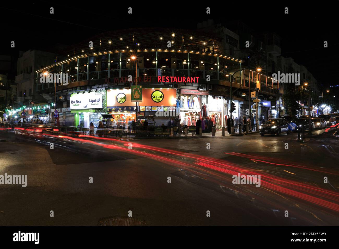 Traffic trails in Downtown Amman City, Jordan, Middle East Stock Photo