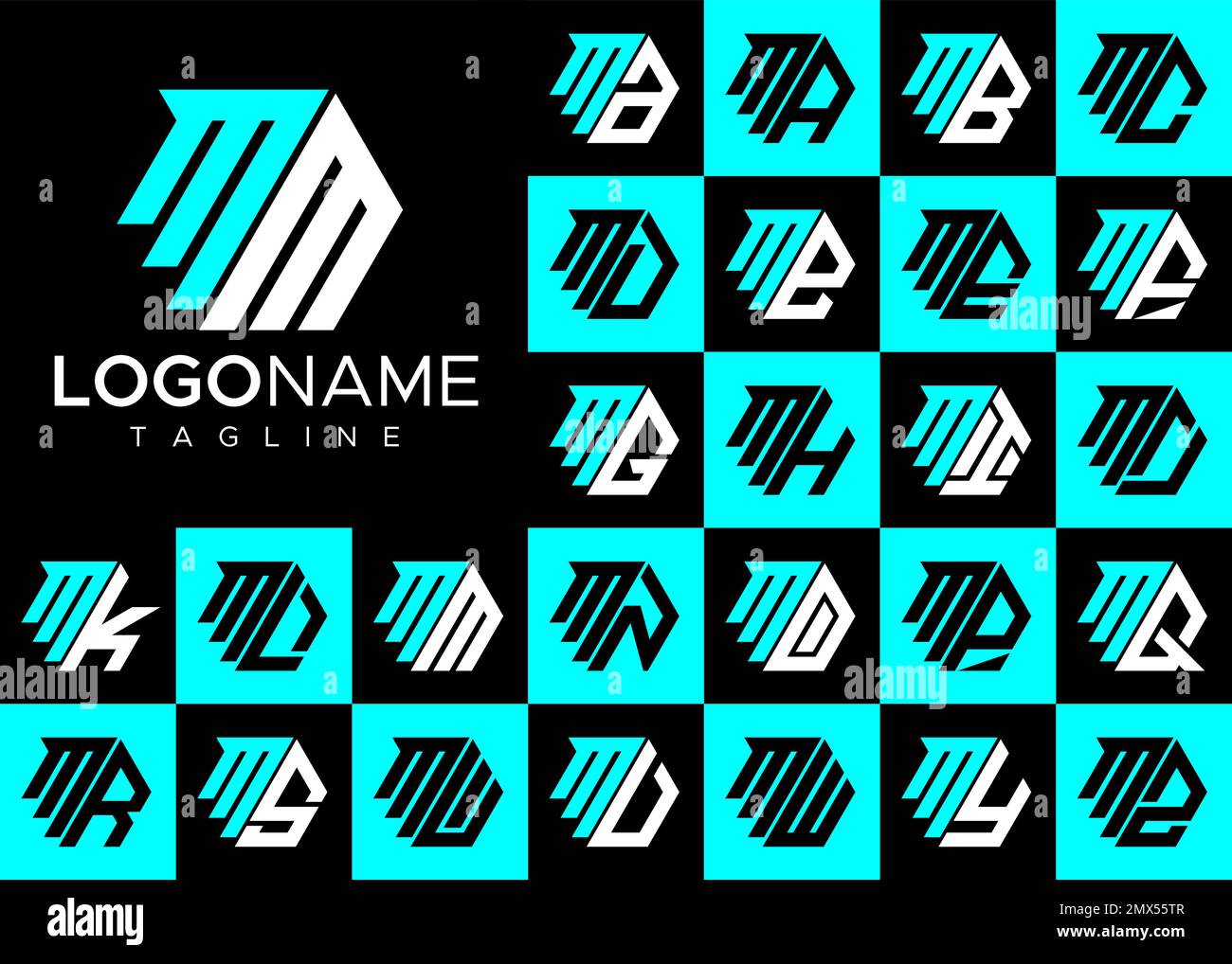 Set of hexagon M letter logo design. Modern letter M logo template bundle. Stock Vector