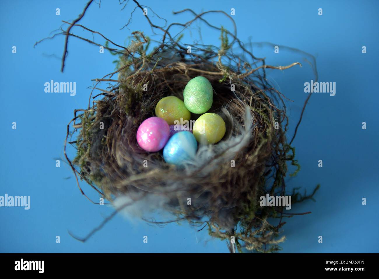 Horizontal closeup photo of real bird's nest filled with tiny colorful Easter Eggs with glitter. Stock Photo