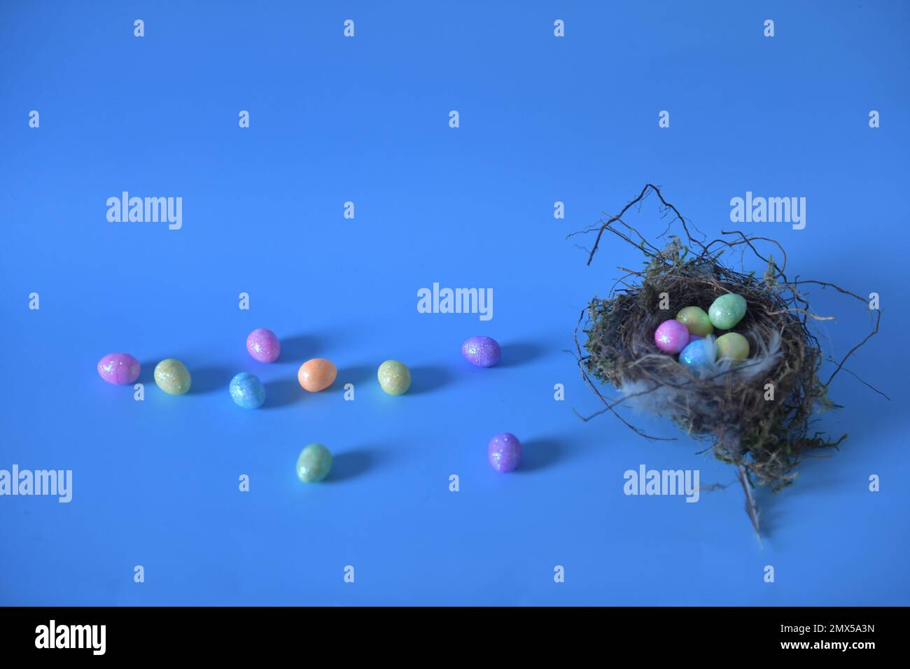 Easter eggs in nest placed to the right in horizontal photo. Colorful eggs against blue background. Stock Photo