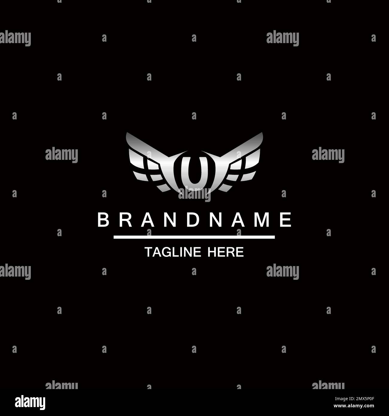 U letter logo. Silver wings symbol. Silver U letter logo template for