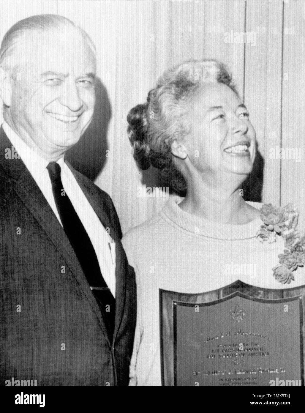 Dr. William Randolph Lovelace II, left, and his wife Mary, are shown in this undated photo after receiving a plaque from the Boy Scouts of America in Albuquerque, N.M. The couple died in a plane crash on Dec. 12, 1965, in Colorado. Dr. Lovelace was Director of Space Medicine for NASA and determined the suitability of astronauts chosen for the Mercury program. He also began a program for women called "Mercury 13." (AP Photo) Stock Photo