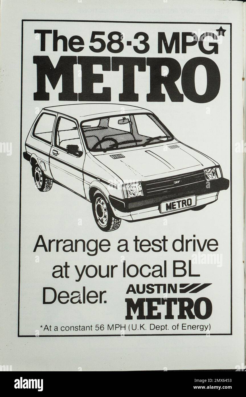 A 1981 advertisement for the Austin Metro car claiming 58.3 mpg. In production between 1980 and 1988. Produced originally by British Leyland. Stock Photo