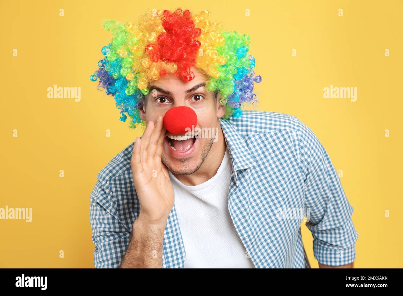 Funny man with clown nose and rainbow wig on yellow background. April fool's  day Stock Photo - Alamy