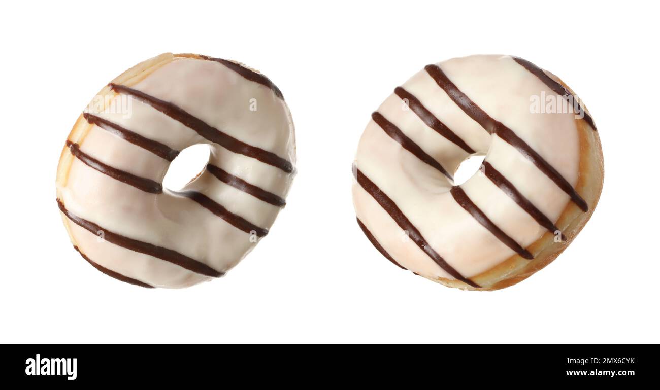 Collage with delicious glazed donuts on white background Stock Photo ...