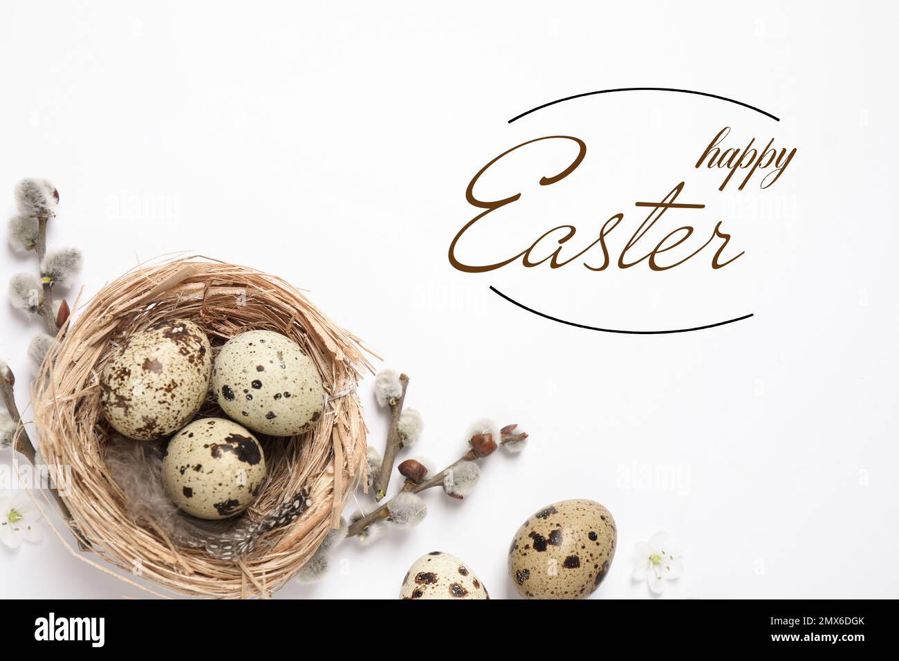 Flat lay composition with quail eggs and text Happy Easter on white ...