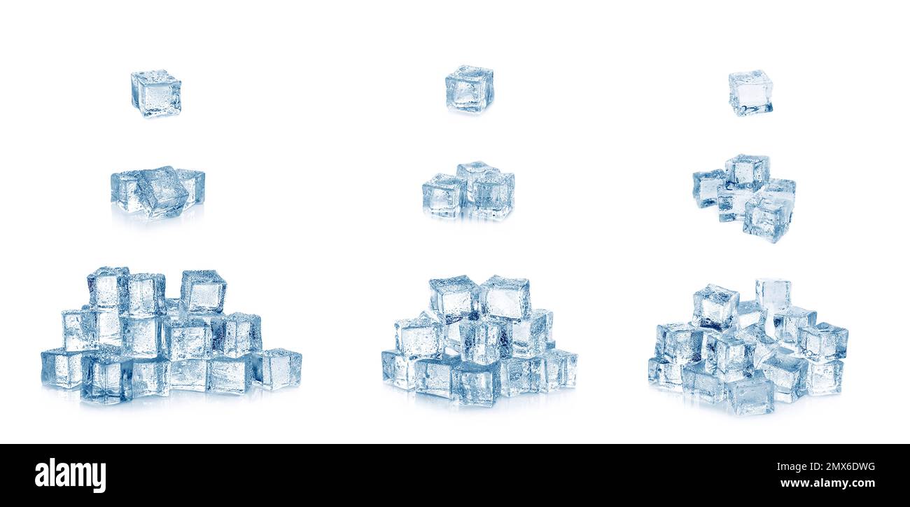 Set of crystal clear ice cubes with water drops on white background ...