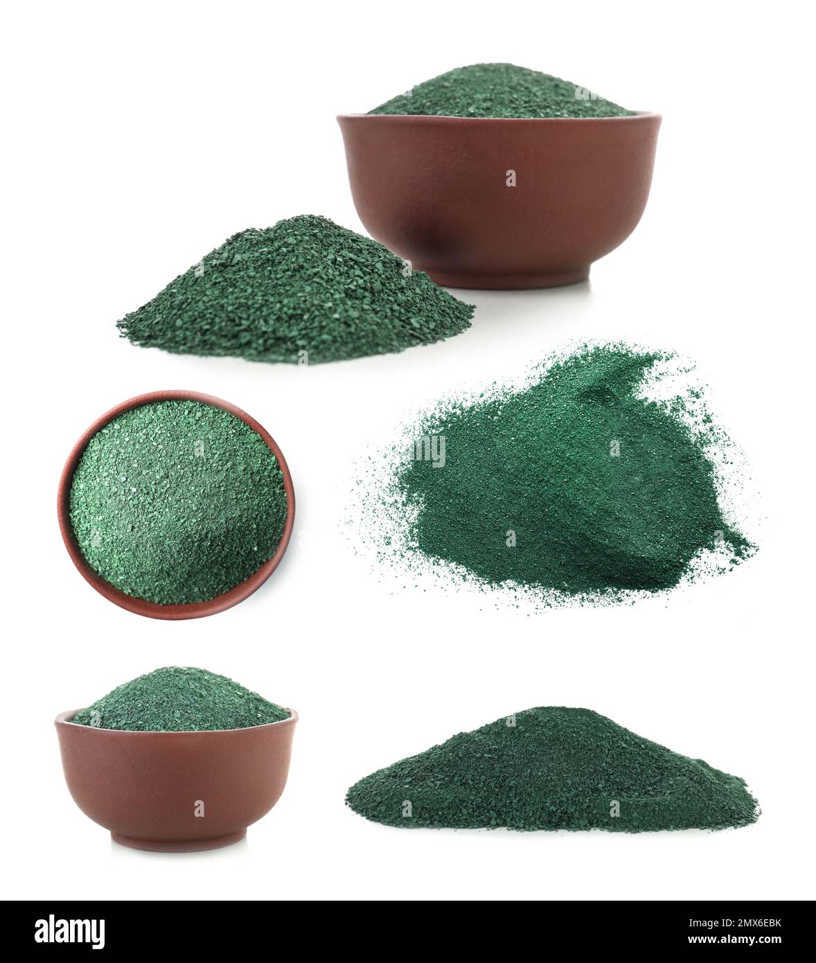 Set of spirulina algae powder on white background Stock Photo Alamy