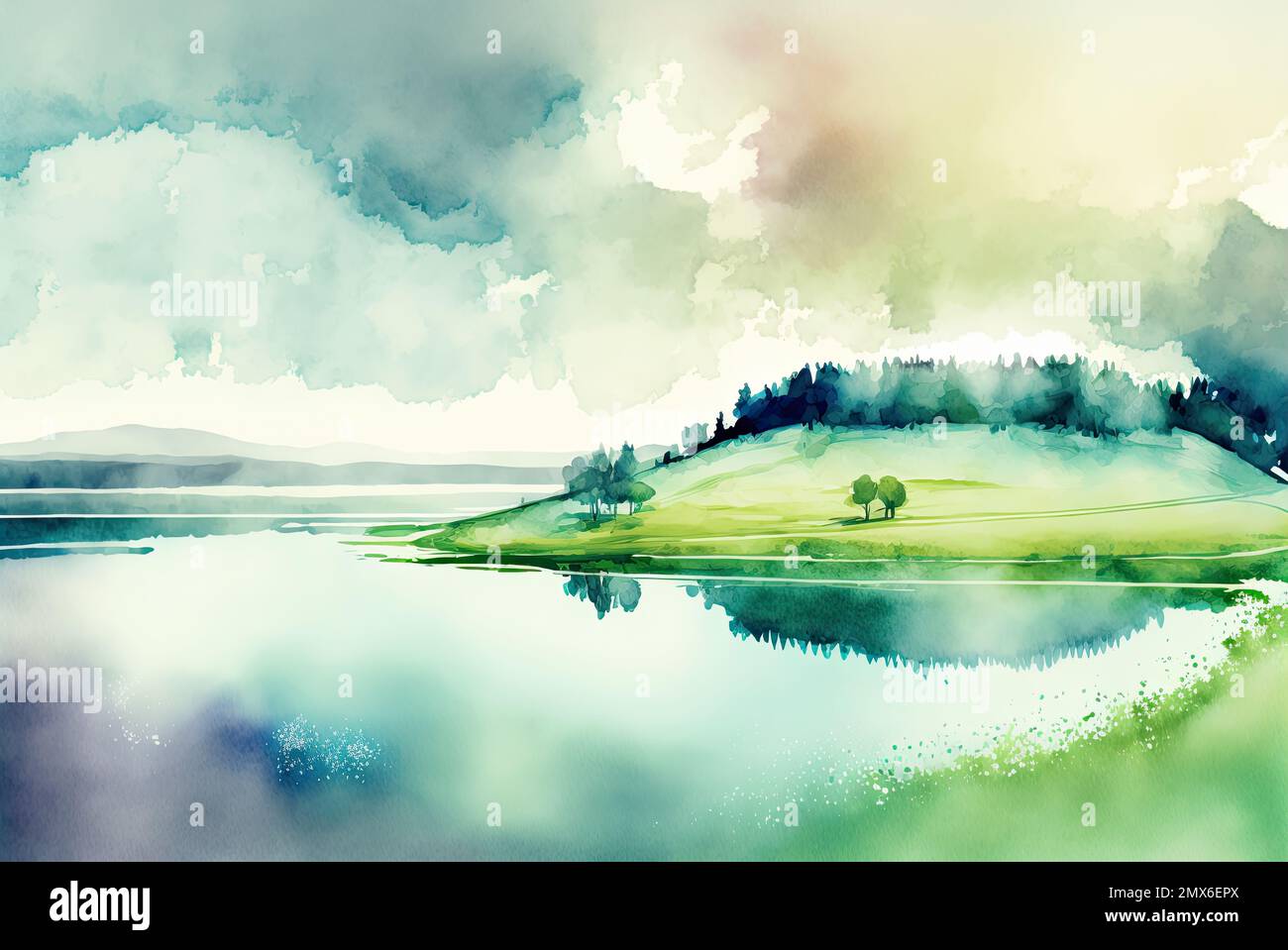 Landscape, Abstract Watercolor Background, Rolling Hills, Calm Lake, Lush  Green Trees, Tranquil, Peaceful, Nature, Scenery, Wallpaper Stock Photo -  Alamy