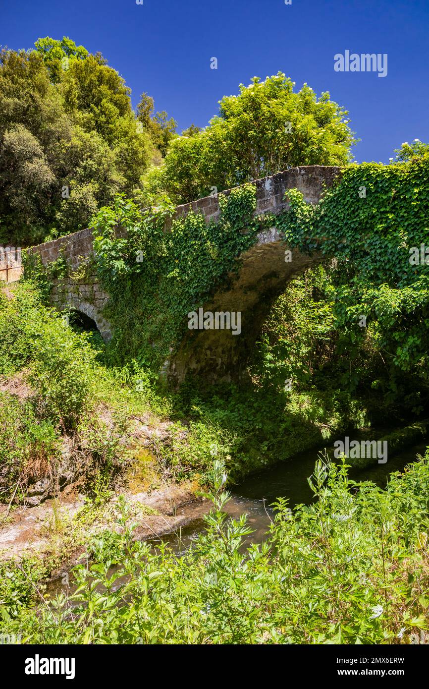 The small medieval village of Corchiano, in the province of Viterbo, in Lazio. The ancient Roman bridge over the Rio Fratta, in the gorge park, partly Stock Photo