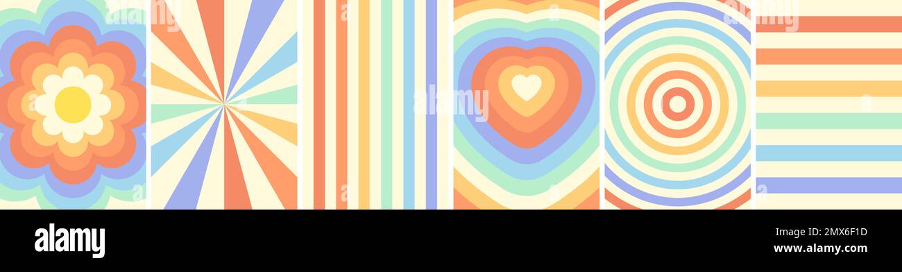 Retro groovy rainbow art background set. Psychedelic hippie style colorful swirl and waves poster collection. Vintage hippy flower and heart abstract banners. Trendy y2k pop culture bright geometric Stock Vector