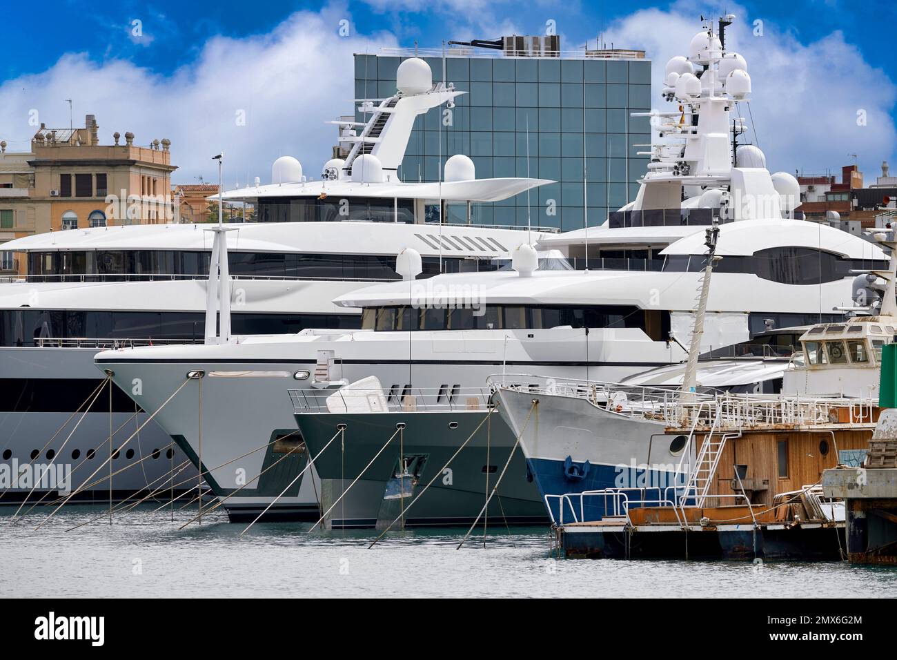 Yacht, Port Vell, Port of Barcelona, Barcelona, Catalonia, Spain. In the Port of Barcelona, there are several luxury yachts stranded in Port Vell, Stock Photo