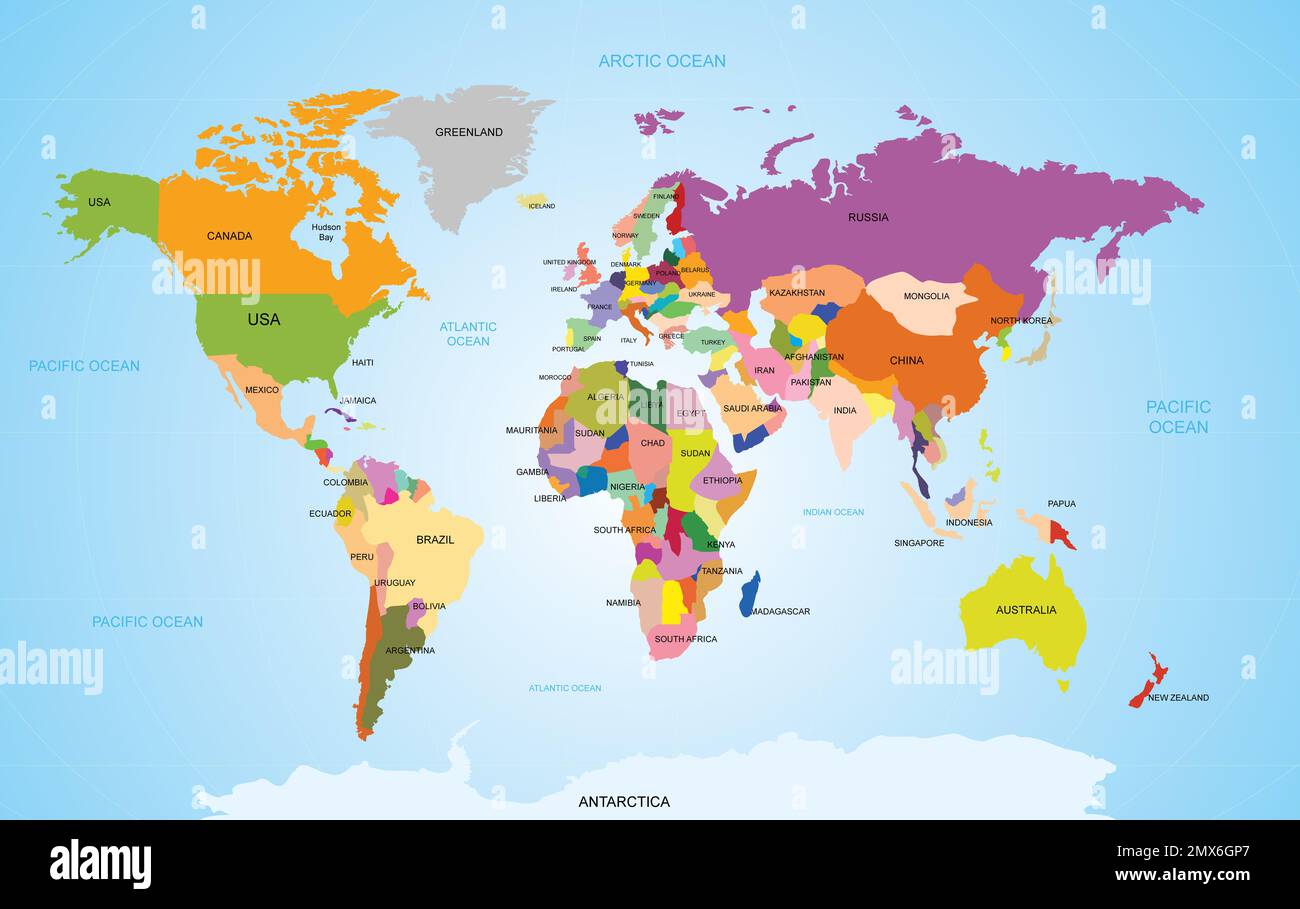 World map with names of countries and oceans travel agency concept