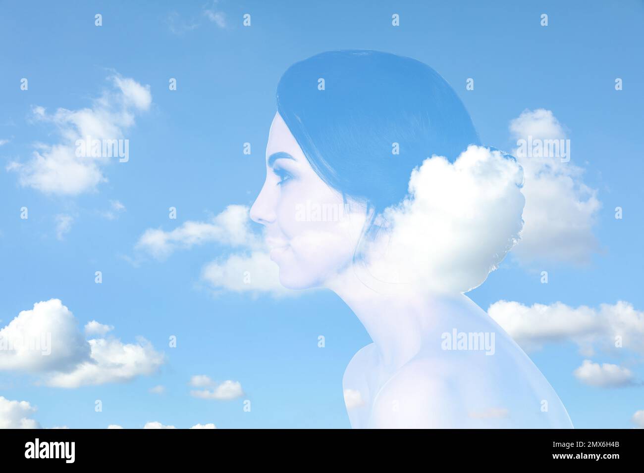 Double exposure of beautiful woman and blue sky. Concept of inner power ...