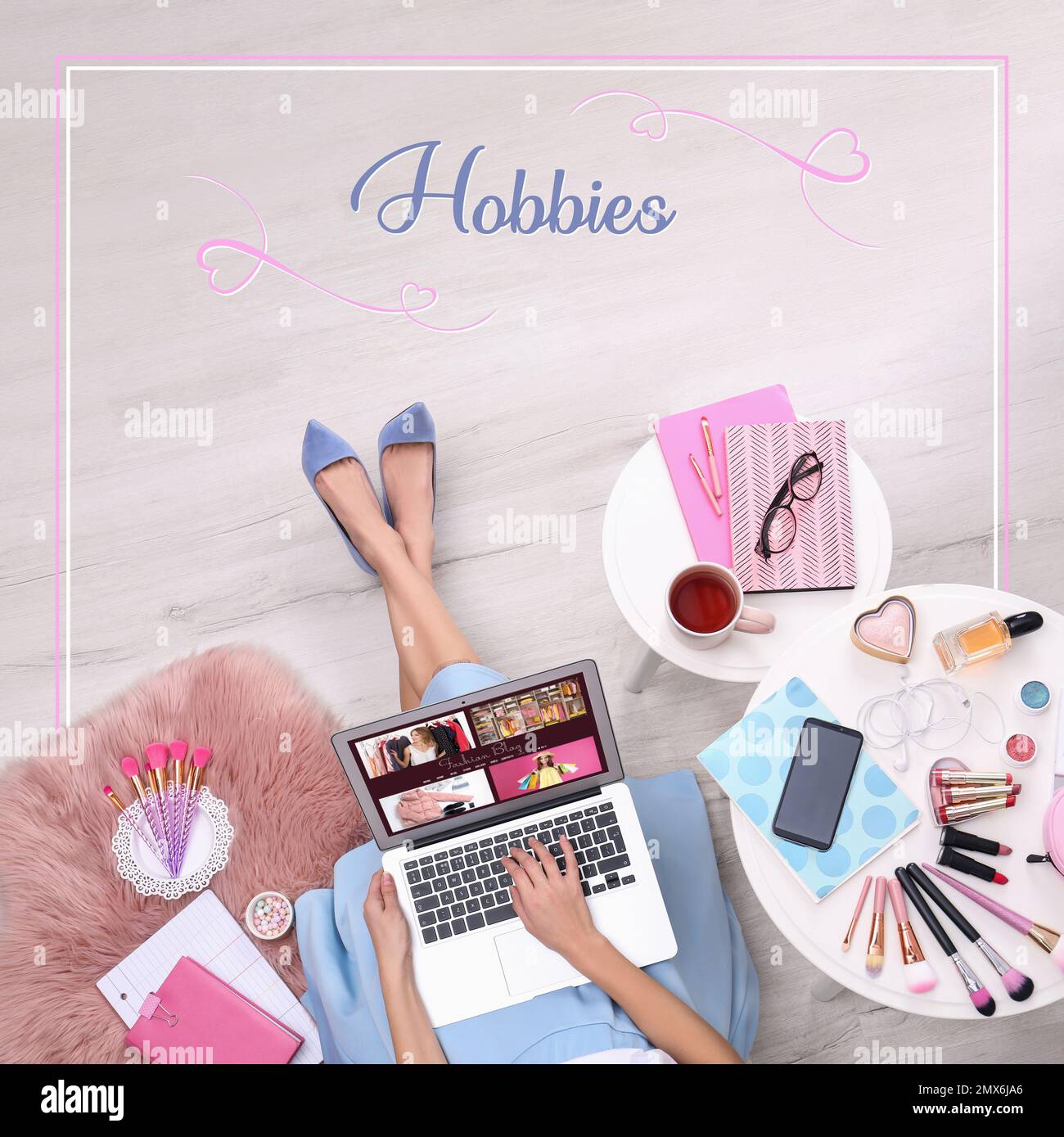 Different hobbies. Woman with laptop and cosmetics sitting on floor