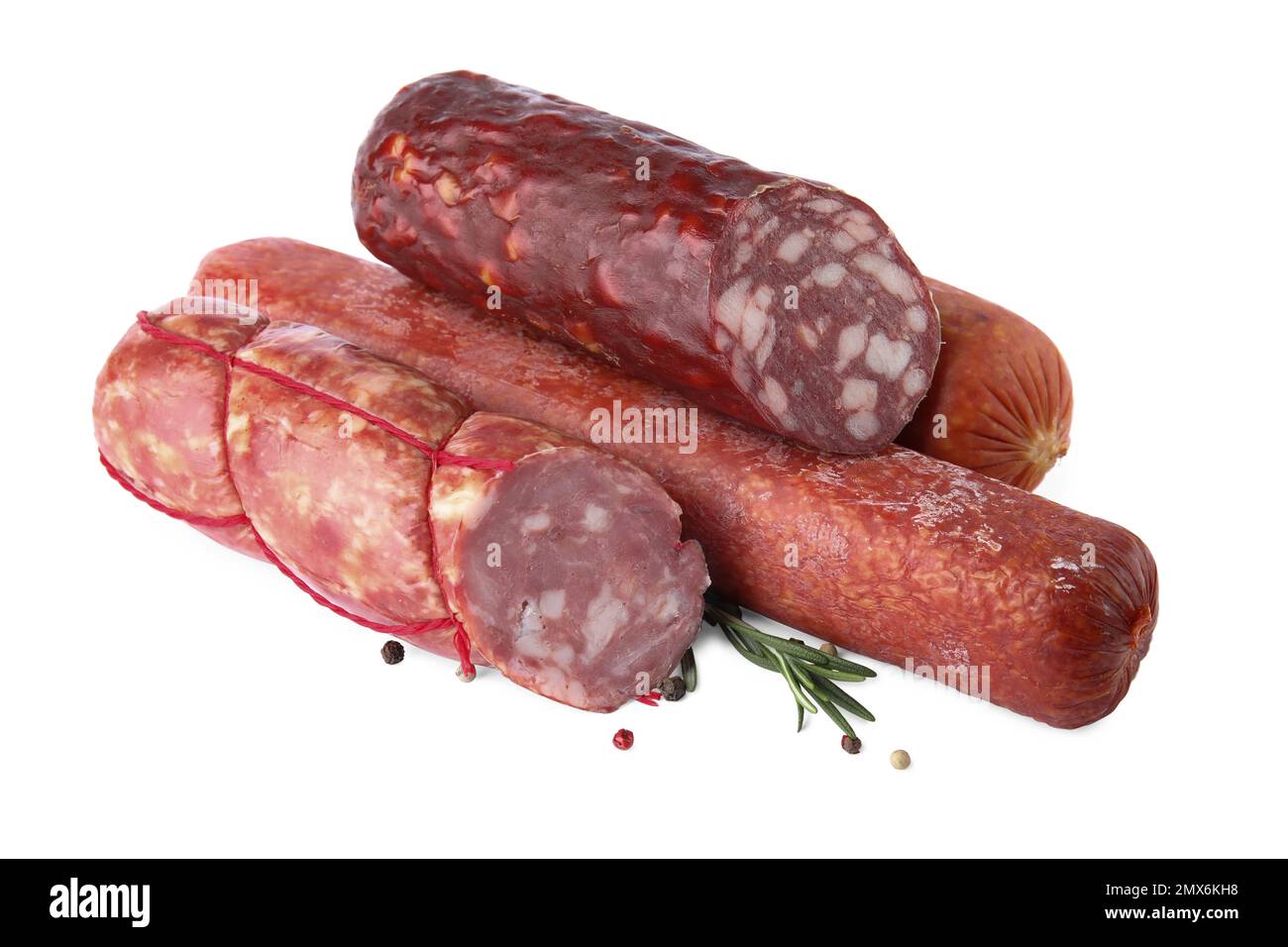 Different types of sausages on white background Stock Photo - Alamy