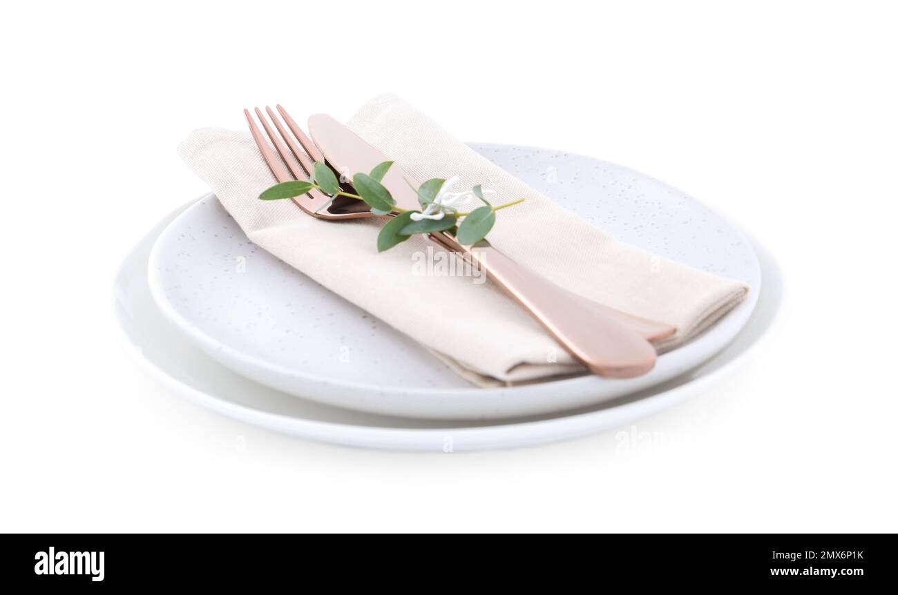 Stylish elegant table setting on white background Stock Photo - Alamy