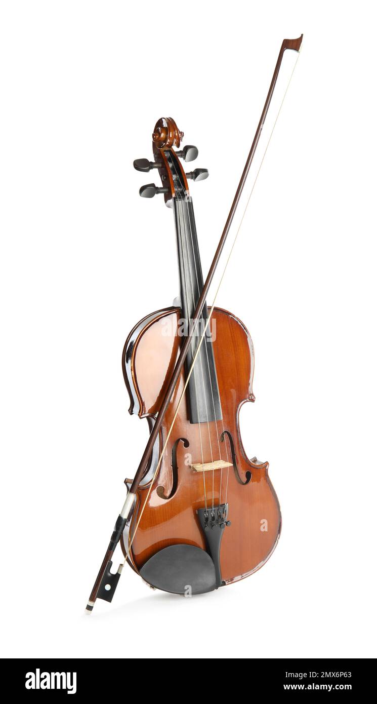 Classic violin and bow on white background. Musical instrument Stock ...
