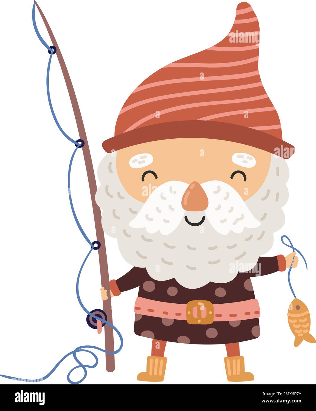 Garden gnome with fishing rod. Cute forest character Stock Vector Image