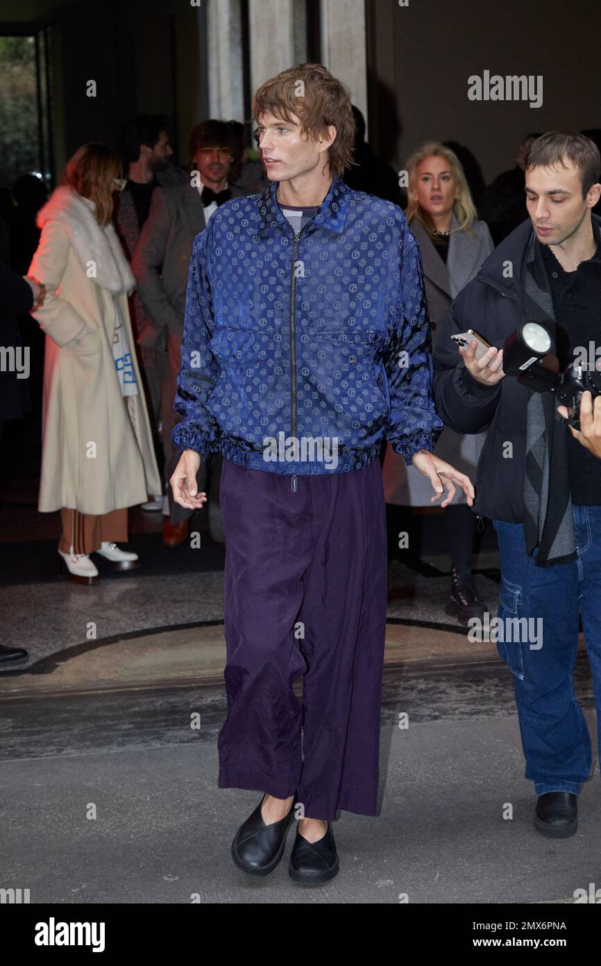 MILAN, ITALY - JANUARY 16, 2023: Jordan Barrett before Giorgio Armani  fashion show, Milan Fashion Week street style Stock Photo - Alamy