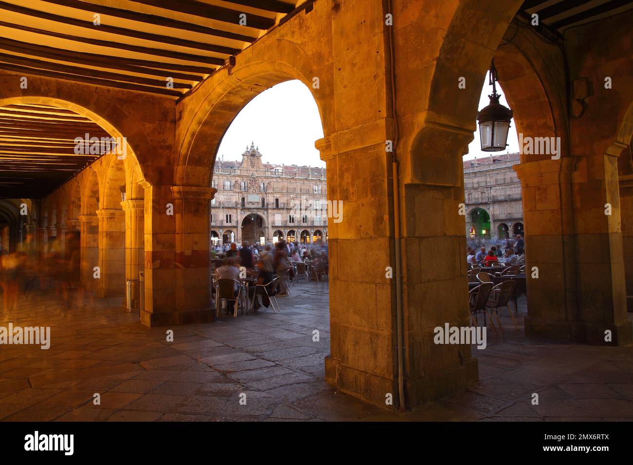 Arcade of the Mayor square. Salamanca. The Arcade of the Mayor Square in Salamanca is an impressive covered walkway located in the old quarter of Stock Photo