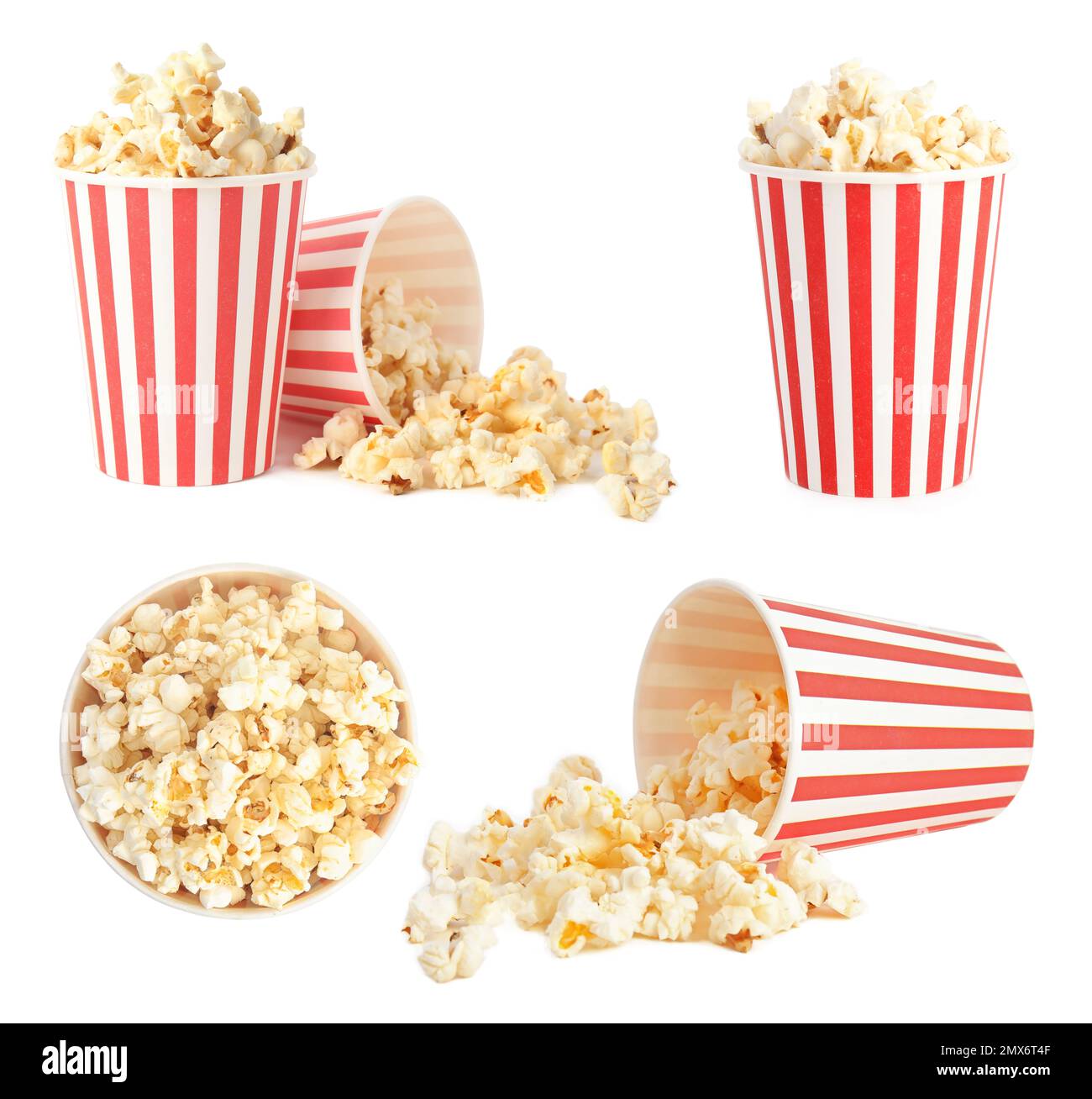 Set with buckets of tasty pop corn on white background Stock Photo Alamy