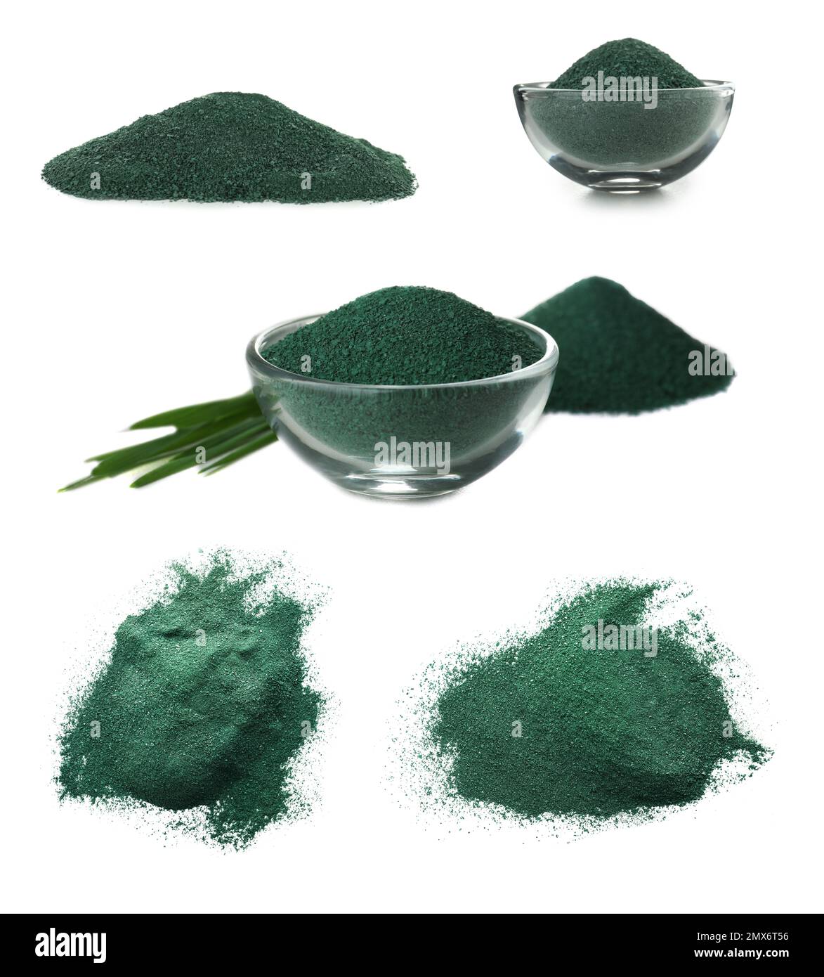 Set of spirulina algae powder on white background Stock Photo Alamy