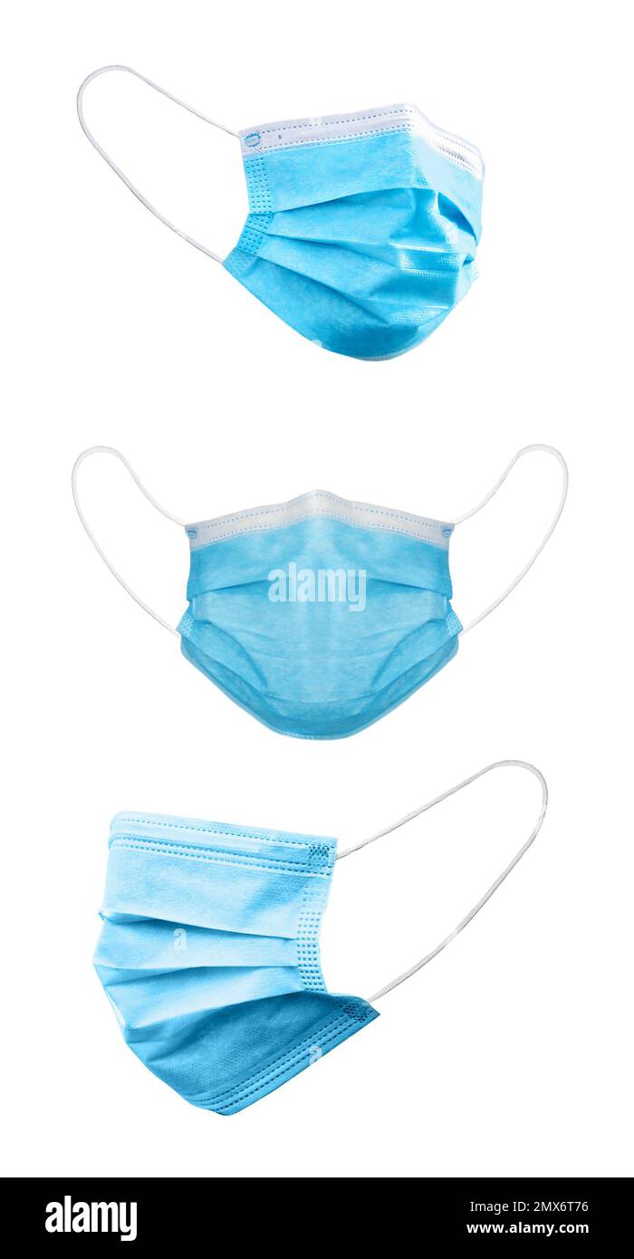 Blue medical face masks on white background Stock Photo Alamy