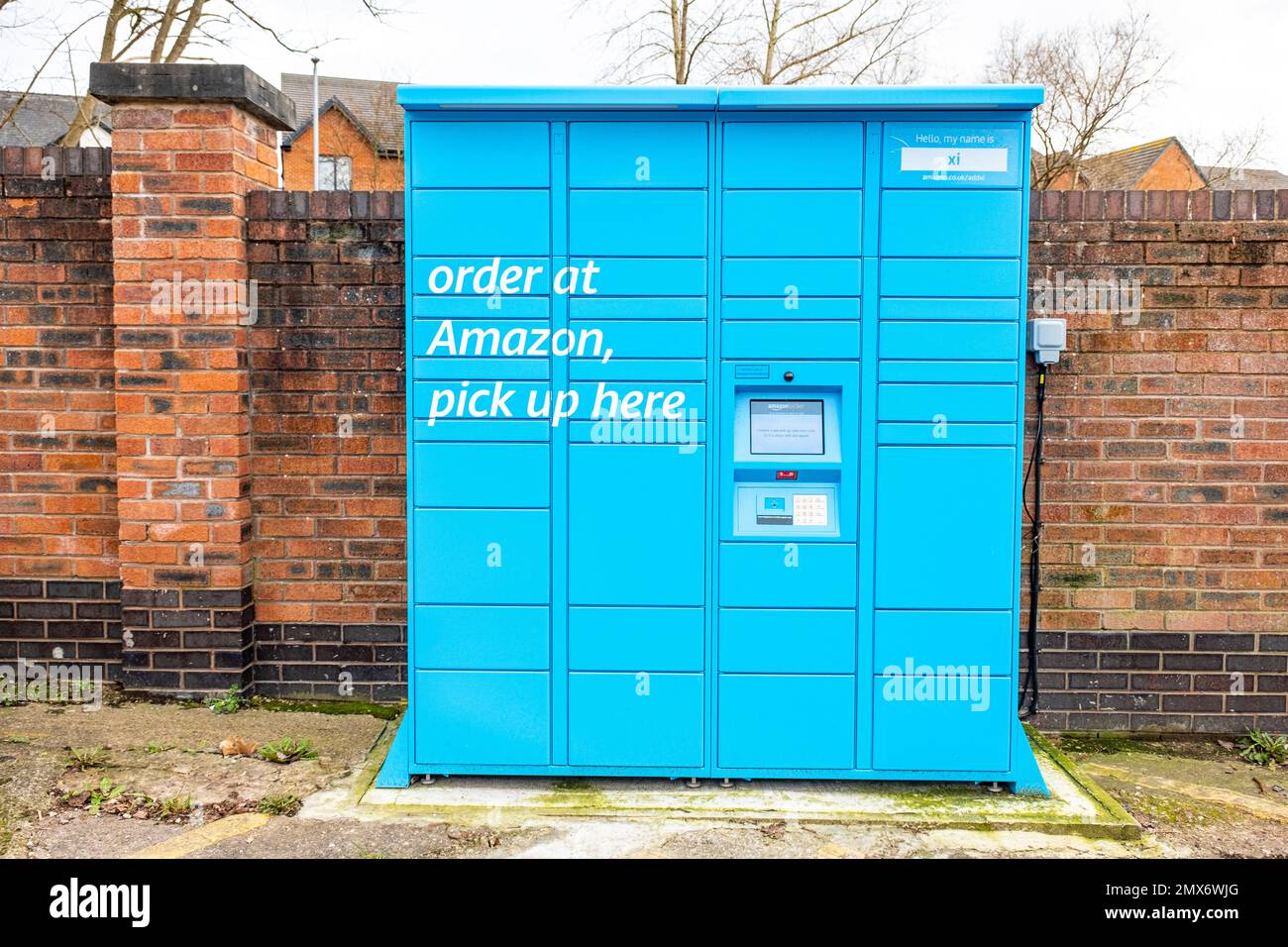 Amazon hub locker outside Sandbach train station, Cheshire UK Stock Photo