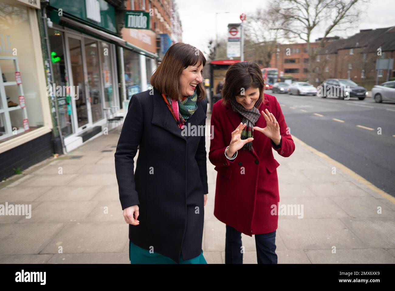 Shadow Chancellor Rachel Reeves (left) in East Finchley, north London where she visited local businesses with parliamentary candidate for Finchley and Golders Green, Sarah Sackman (right) to discuss how raised interest rates is affecting traders, homeowners and buyers. Picture date: Thursday February 2, 2023. Stock Photo