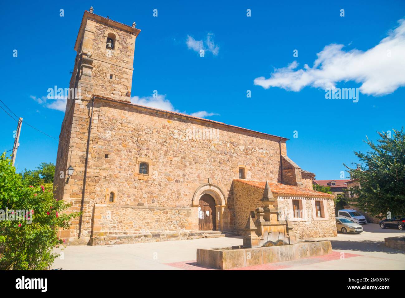 Facade of the church. Aldealseñor, Soria province, Castilla Leon, Spain. Stock Photo