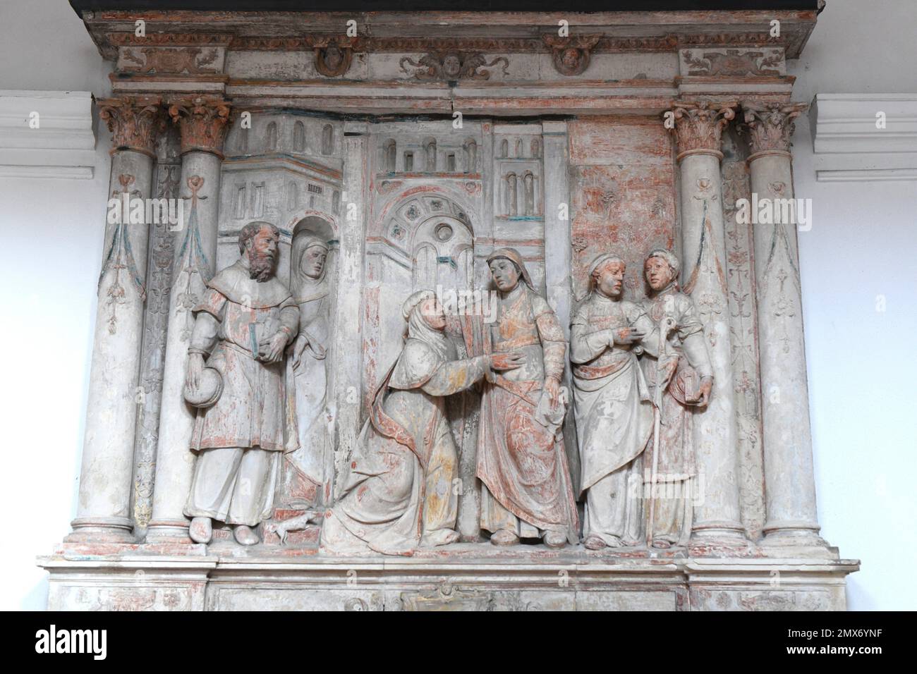 Cathedral of Aveiro or Church of St. Dominic (Sé de Aveiro), baroque 18th century. Relief of the Visitation. Centro Region, Portugal. Stock Photo
