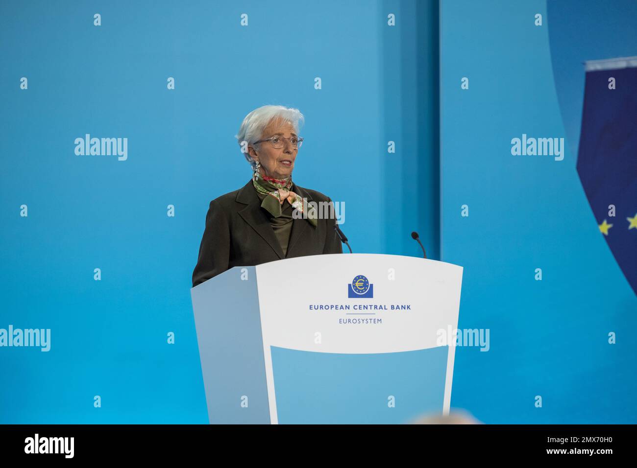 (230202) -- FRANKFURT, Feb. 2, 2023 (Xinhua) -- President of the European Central Bank (ECB) Christine Lagarde attends a press conference in Frankfurt, Germany, Feb. 2, 2023. As expected, the ECB on Thursday increased interest rates by 50 basis points (bps) and sent out a dovish message about the outlook for future rate hikes. (ECB/Handout via Xinhua) Stock Photo