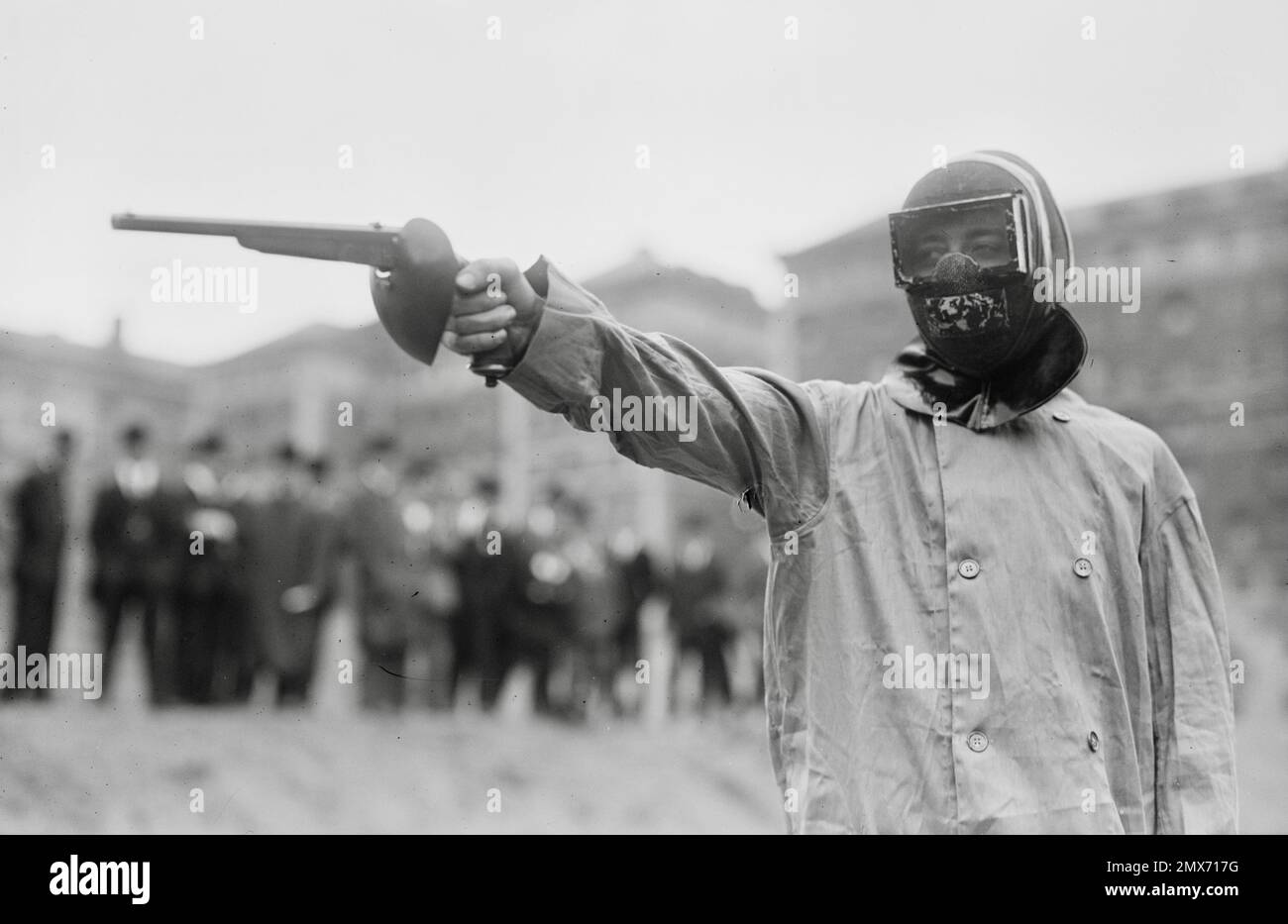 Duellists fight a duel in New York using wax bullets Early paint balling type game 1909