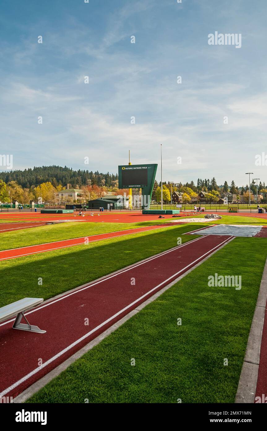 Electronic scoreboard and sign at the University of Oregon track and
