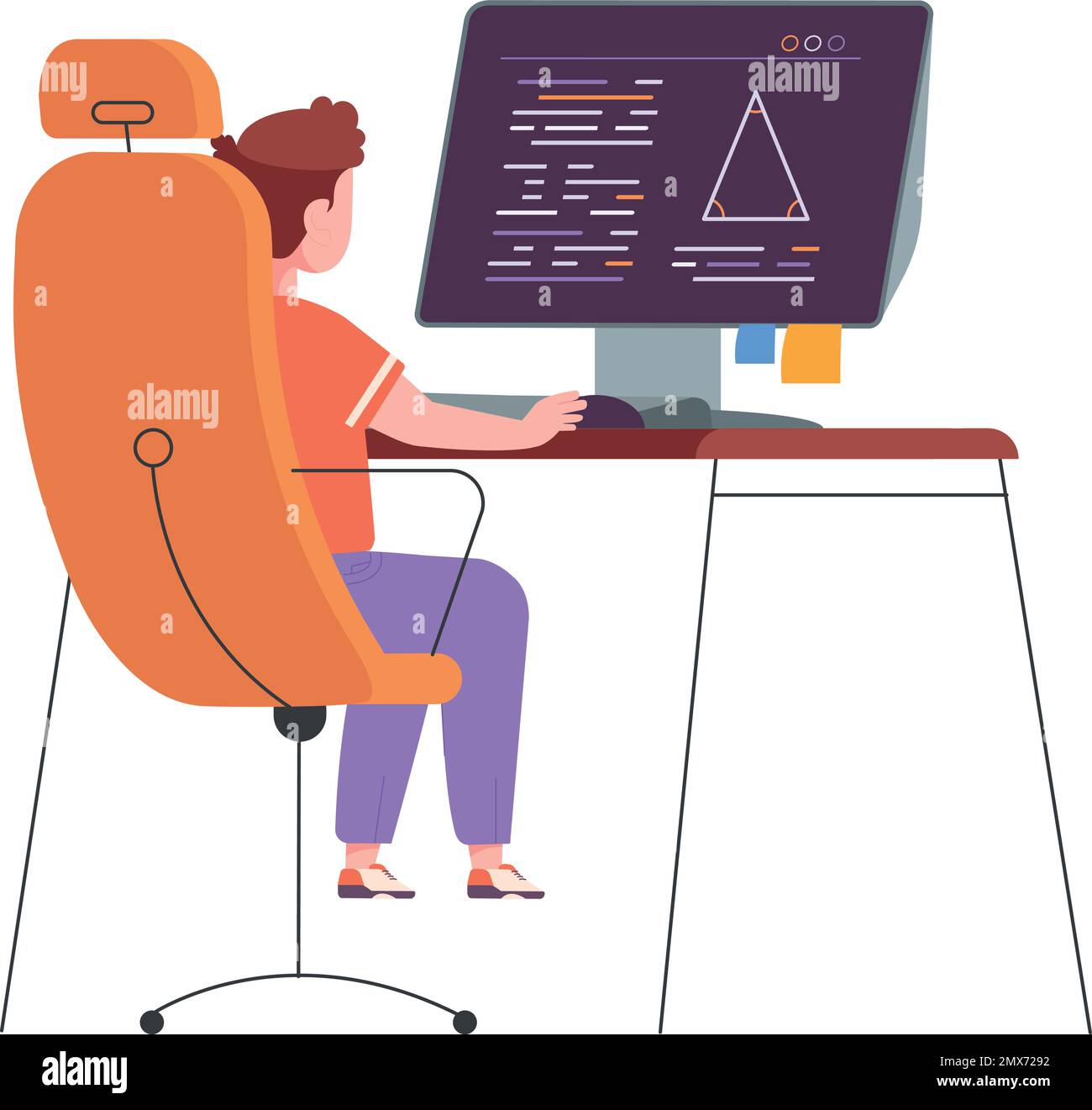 Kid doing math on computer screen. Geometry lesson isolated on white ...