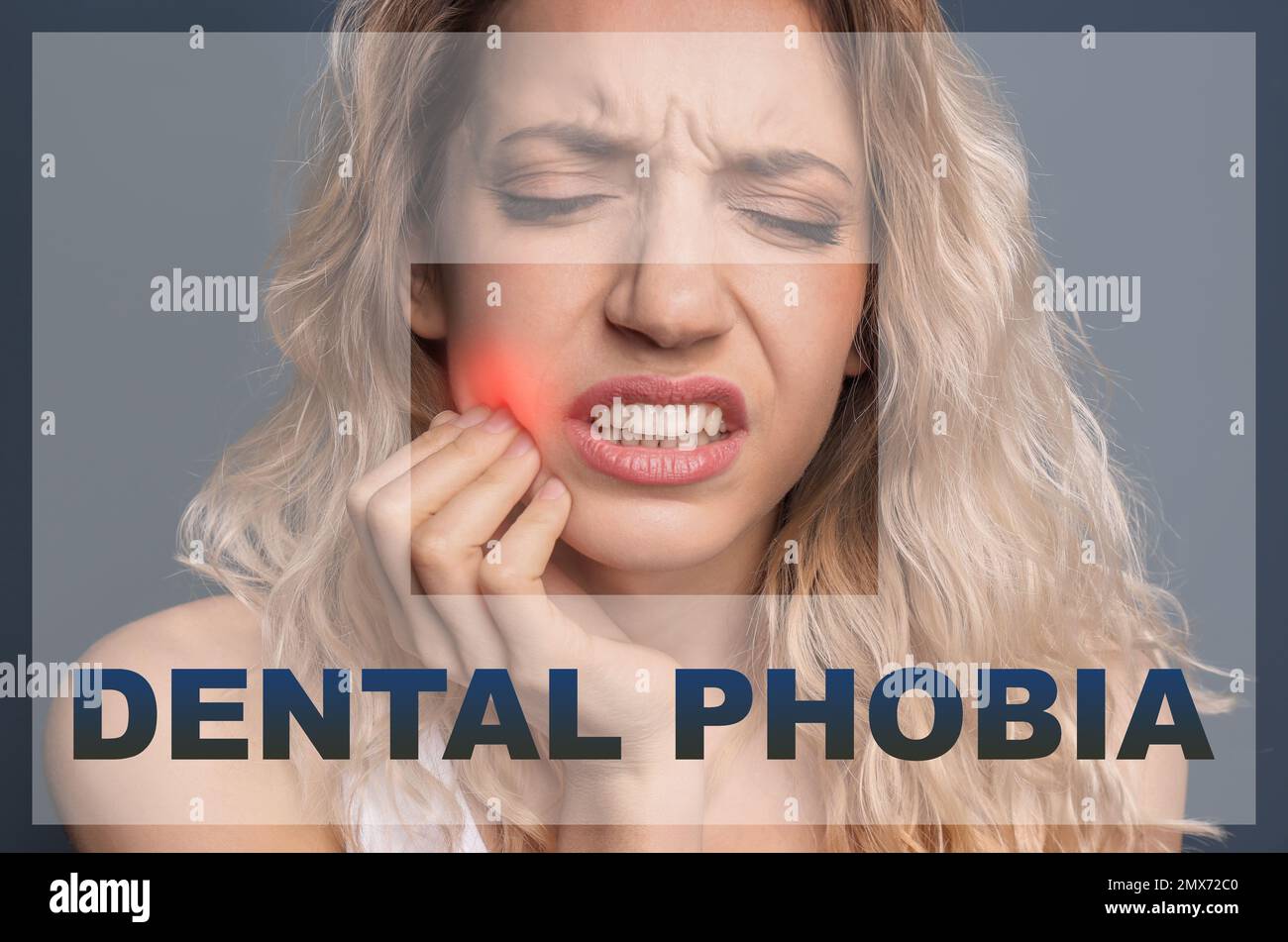 Dental phobia concept. Young woman suffering from toothache on grey