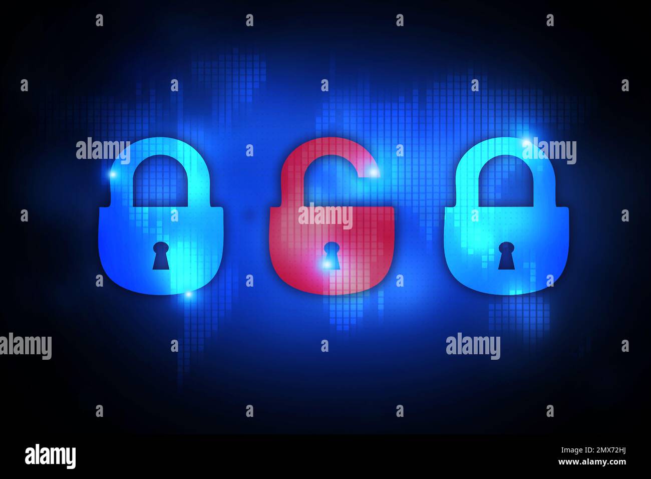 Cyber attack prevention. Three locks and world map on background Stock Photo