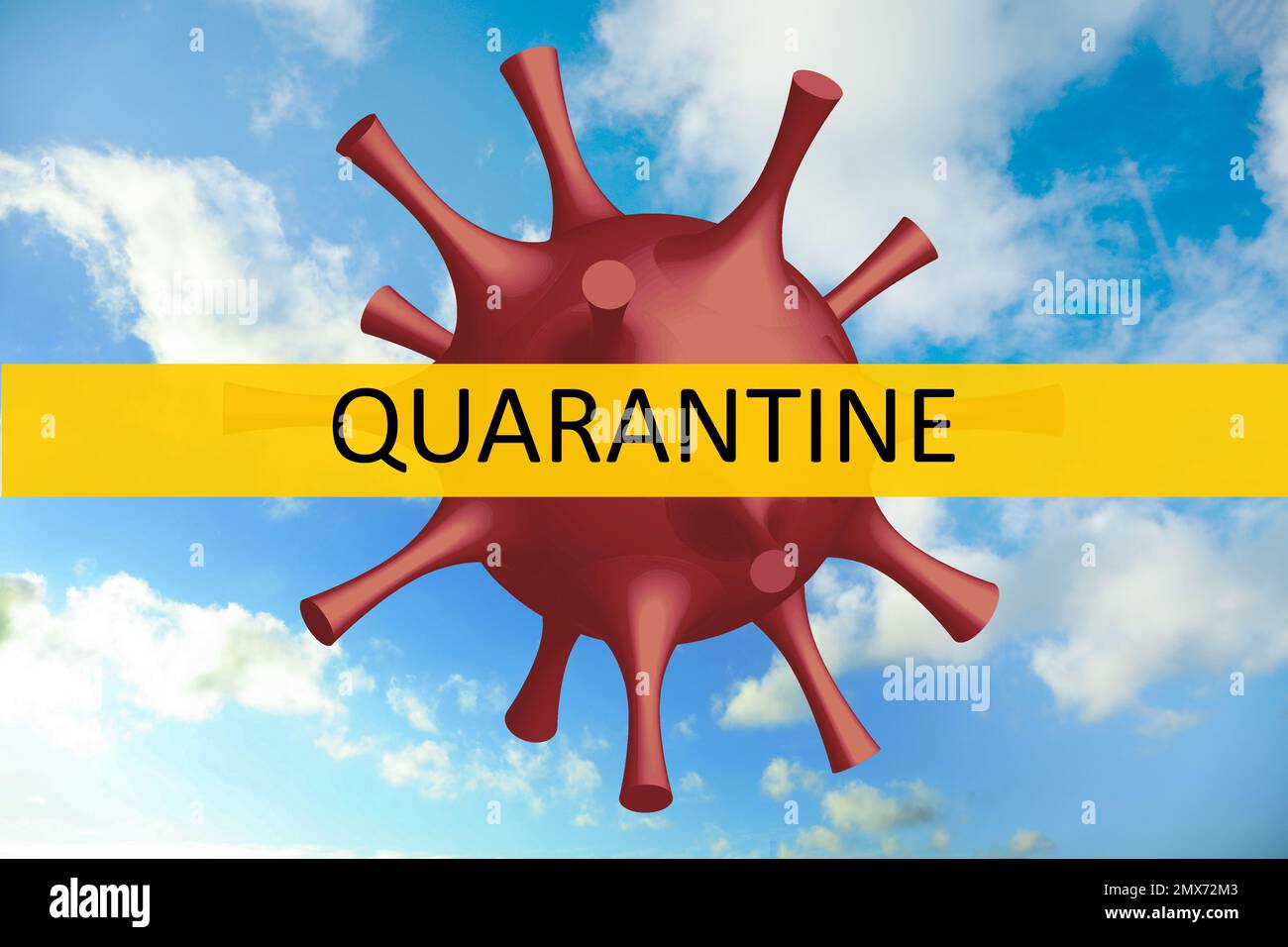 Closure of air traffic through quarantine during coronavirus outbreak. Illustration of virus against blue sky Stock Photo